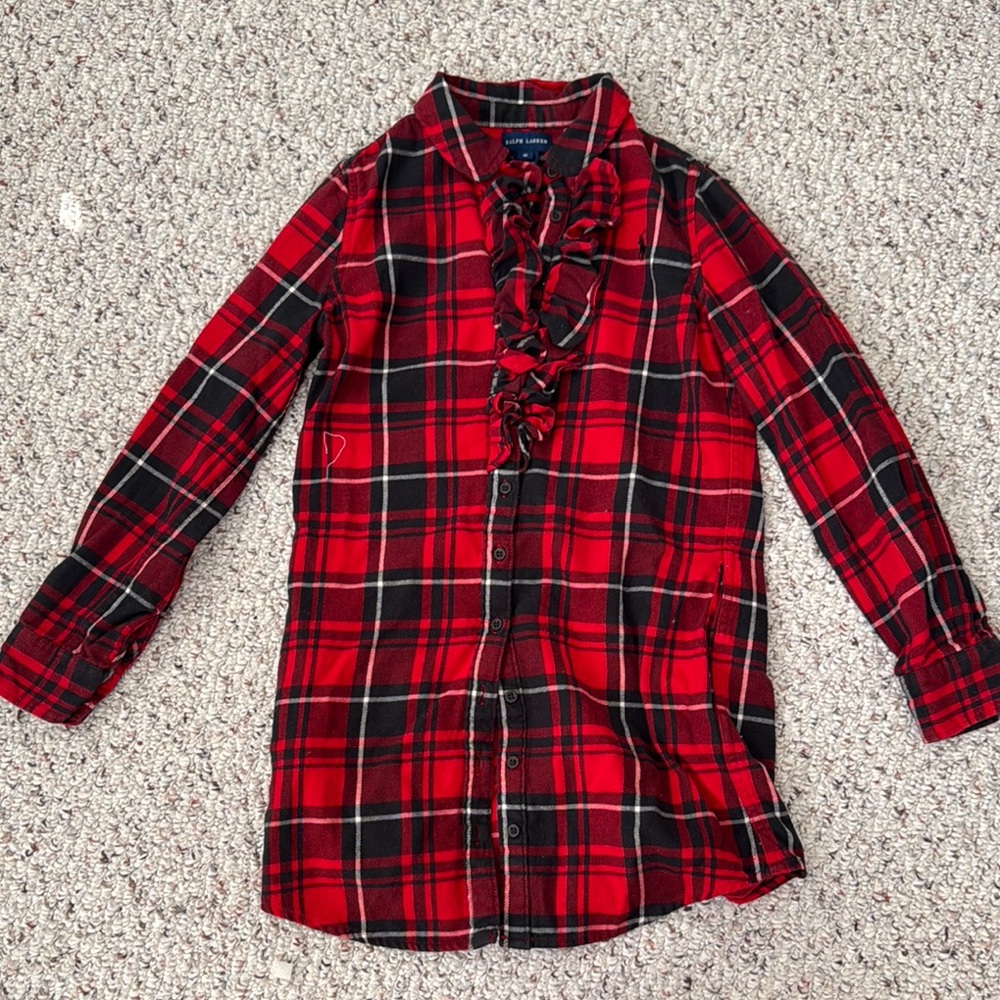 Lauren Ralph Lauren Red and Black Plaid Ruffle Shirt Tunic Top